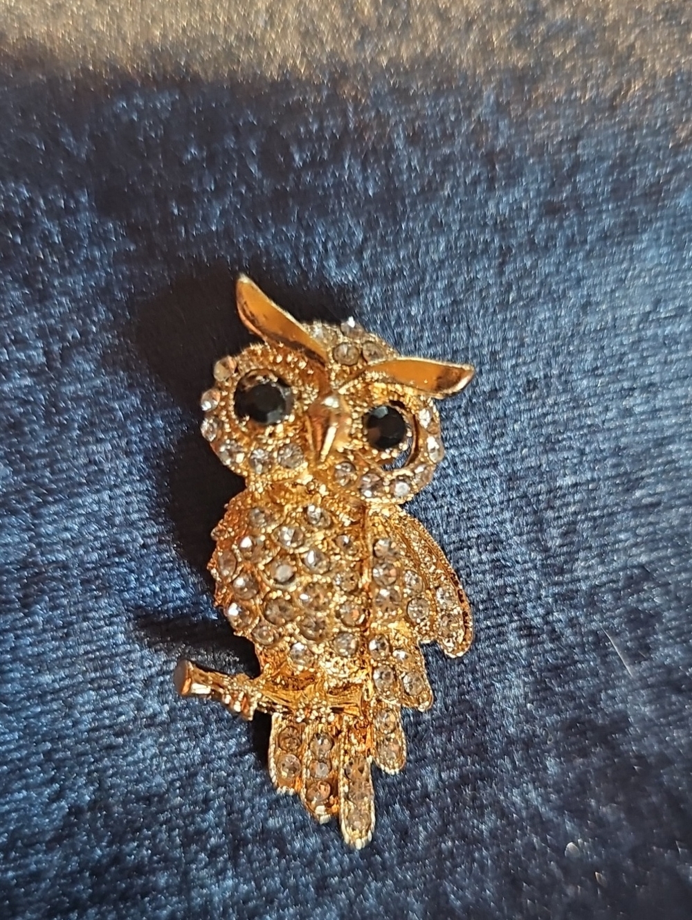 Gold Owl Rhinestone Brooch - Sparkling Gold Tone